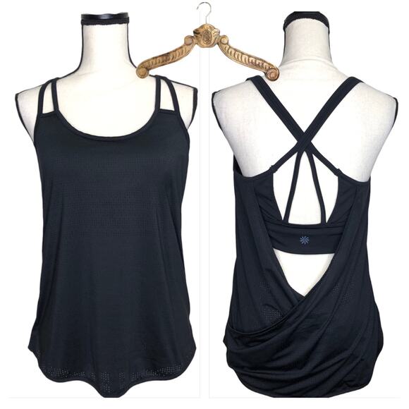 Athleta Work Out Tank Strappy Open Back Mesh Black Top Shelf Bra Medium - Picture 1 of 9